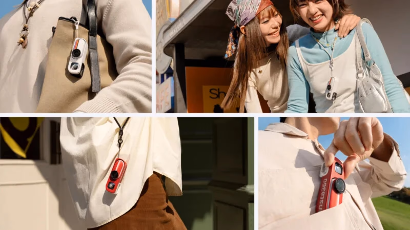 Image 6: A collage shows people casually carrying and using a compact, red-and-black wearable camera clipped to bags, shirts, and pockets while outdoors and smiling.