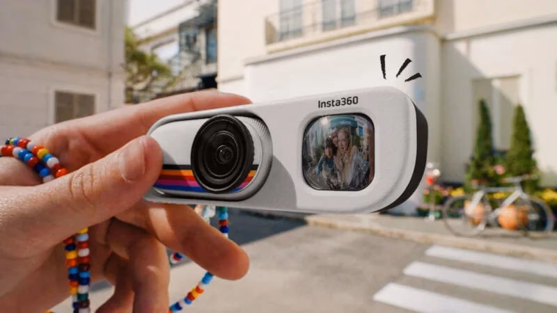 Image 2: A hand holds an Insta360 camera with a beaded strap; the camera's screen displays a person smiling outdoors, with a blurred building and street in the background.