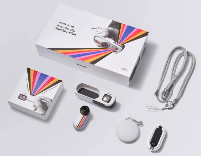 Image 8: A white tabletop displays the Insta360 GO 3D Reuta Bundle Special Edition, including a camera, charging case, lanyard, carrying pouch, and two boxes with colorful striped designs.
