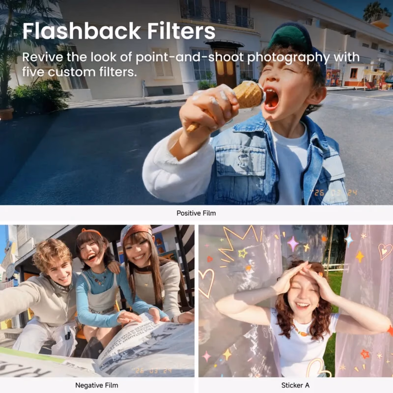 Image 5: A collage showcases flashback photo filters: a boy eating an ice cream in sunlight, three friends smiling outdoors, and a girl smiling with her hands on her head, surrounded by doodle-like decorations.