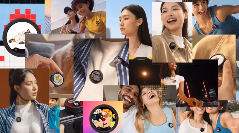 Image 7: A collage of people smiling and wearing round pins with colorful cartoon designs, including animals and abstract art, on their clothes. The lively background features varied outdoor and indoor scenes.