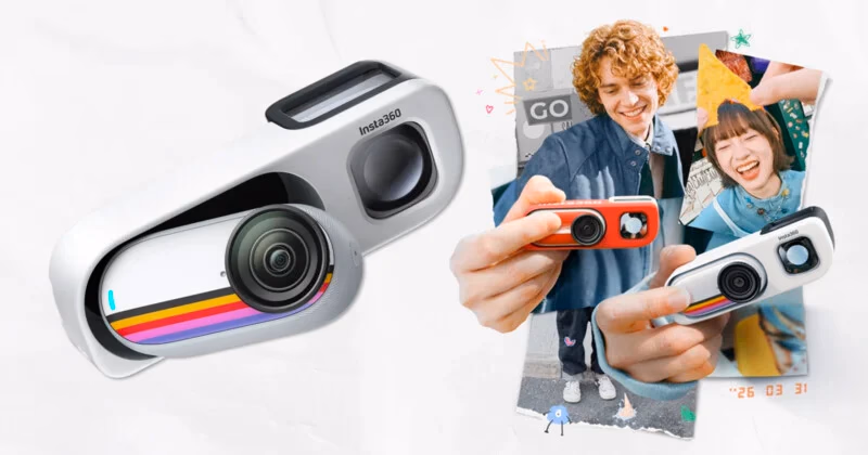 Image 1: A close-up of an Insta360 camera is shown on the left, with a collage of two smiling people holding the camera and posing for photos on the right. The background is light and minimalistic.