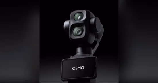 Image 3: A close-up of a black DJI Osmo camera with dual lenses and a gimbal mount, shown against a dark background. The device has the word "OSMO" displayed on its front panel.