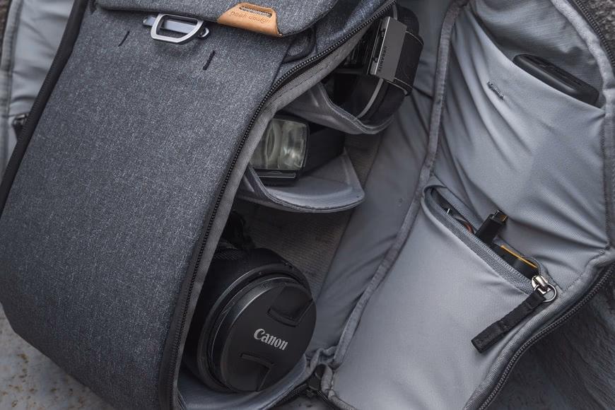 FlexFold dividers and interior side pockets inside the Everyday Backpack V2.