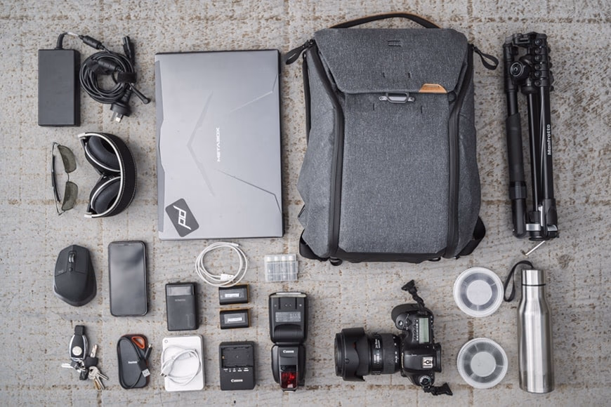 Full-size DSLR and lenses inside the 20L Everyday Backpack V2.